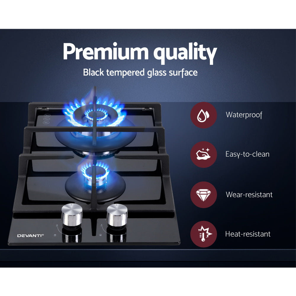 Devanti 30cm Gas Cooktop - 2 Burner Black