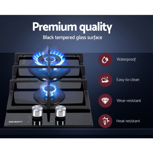 Devanti 30cm Gas Cooktop - 2 Burner Black