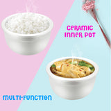 Kylin Ceramic inner pot with steaming food on a pink and blue background