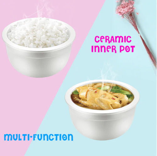 Kylin Ceramic inner pot with steaming food on a pink and blue background