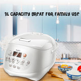 Kylin White rice cooker on a kitchen counter with text indicating its capacity and suitability for family use.