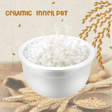 White bowl of rice with a ceramic inner pot label, surrounded by wheat stalks and grains