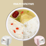 Multifunctional rice cooker with a bowl of rice and soup, featuring two different models.