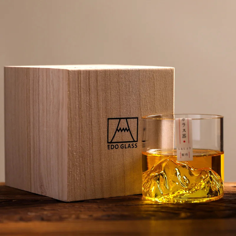 Japan 3D Mountain Whiskey Glass Glacier - Wooden Gift Box