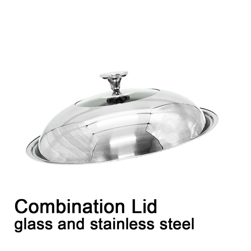 Stainless steel combination lid on a white background with text indicating glass and stainless steel.