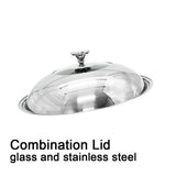 Stainless steel combination lid on a white background with text indicating glass and stainless steel.