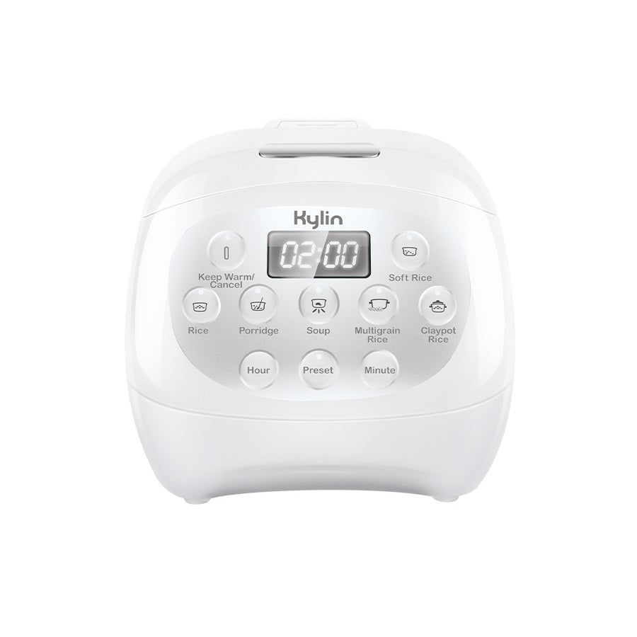 White rice cooker with digital display and control buttons on a white background