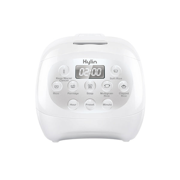 White rice cooker with digital display and control buttons on a white background