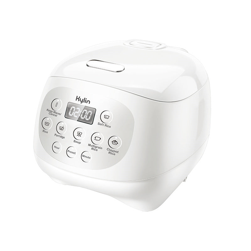 White rice cooker with digital display on a white background
