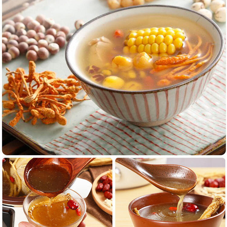 Bowl of soup with corn and other ingredients, surrounded by dried mushrooms and beans on a textured surface.