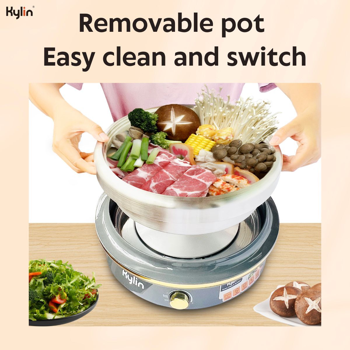 Kylin removable pot with food on a wooden table
