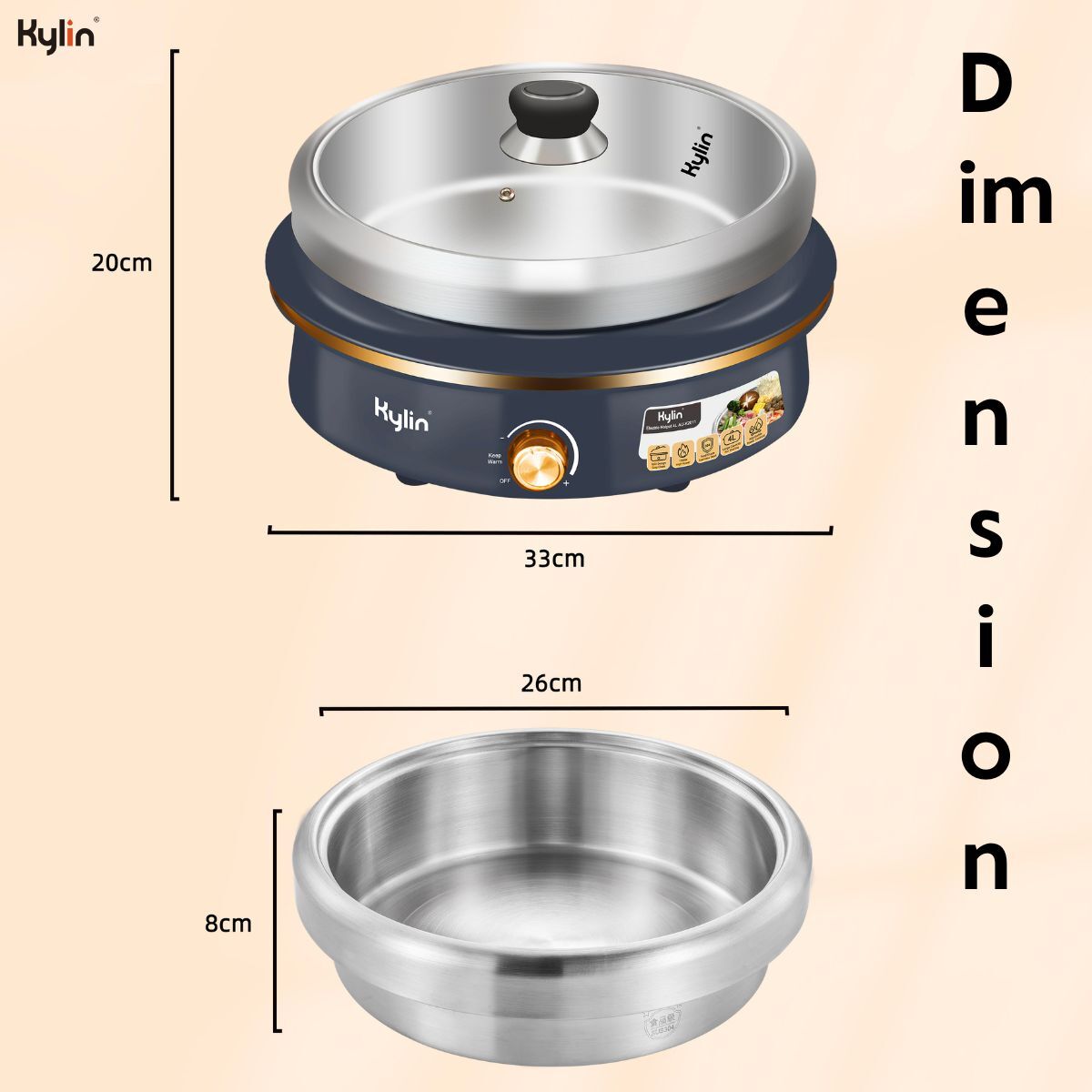 Kylin Electric hot pot with dimensions labeled