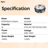 Specification table for KYLIN Electric Hotpot with product image