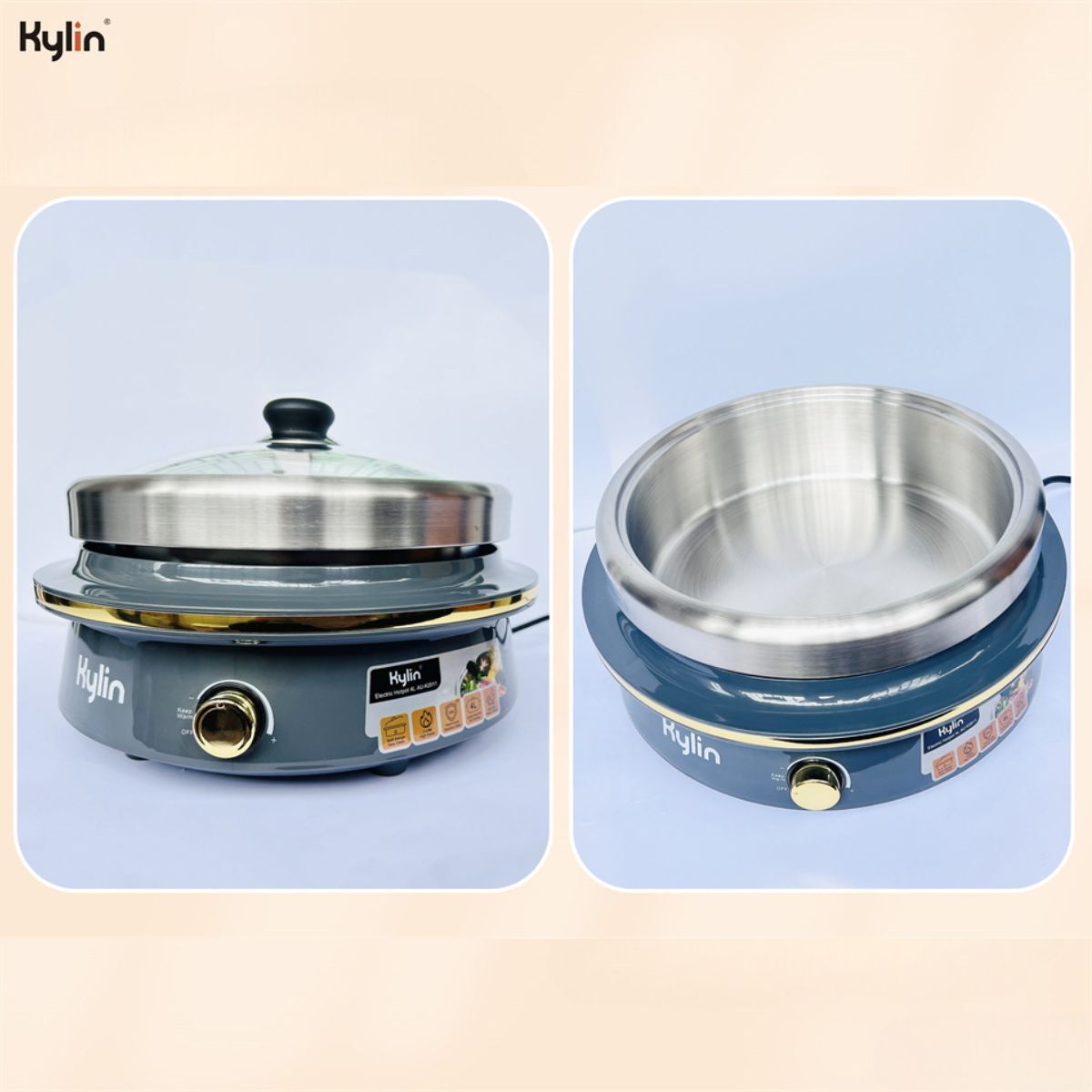 Two views of a blue electric hot pot with a lid on a light blue background, featuring the brand 'Kylin'.