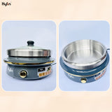 Two views of a blue electric hot pot with a lid on a light blue background, featuring the brand 'Kylin'.