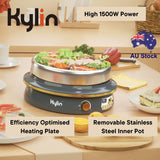 Kylin electric hot pot with food on a table, featuring text about power and features.