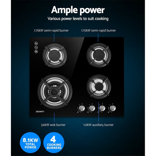 Devanti Gas Cooktop 60cm 4 Burner Black - Kitchen Alliance - Appliances > Kitchen Appliances > Cooktops & Stoves - Kitchen Alliance