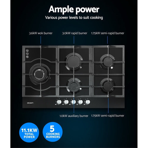 Devanti Gas Cooktop 90cm 5 Burner Black - Kitchen Alliance - Appliances > Kitchen Appliances > Cooktops & Stoves - Kitchen Alliance