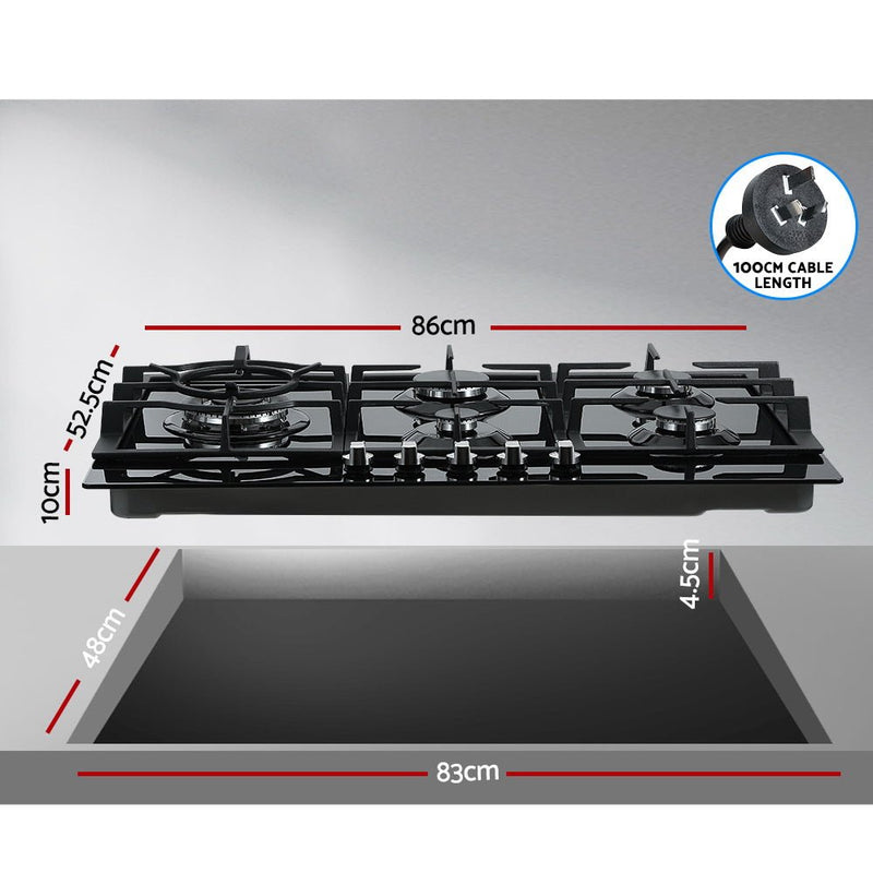 Devanti Gas Cooktop 90cm 5 Burner Black - Kitchen Alliance - Appliances > Kitchen Appliances > Cooktops & Stoves - Kitchen Alliance