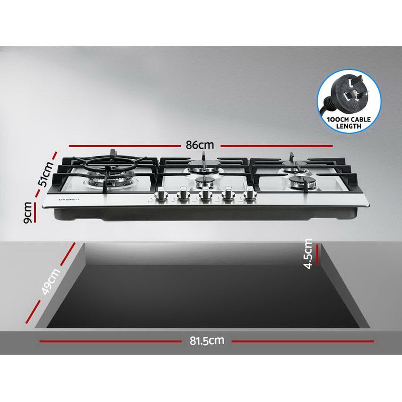 Devanti Gas Cooktop 90cm 5 Burner Silvir - Kitchen Alliance - Appliances > Kitchen Appliances > Cooktops & Stoves - Kitchen Alliance