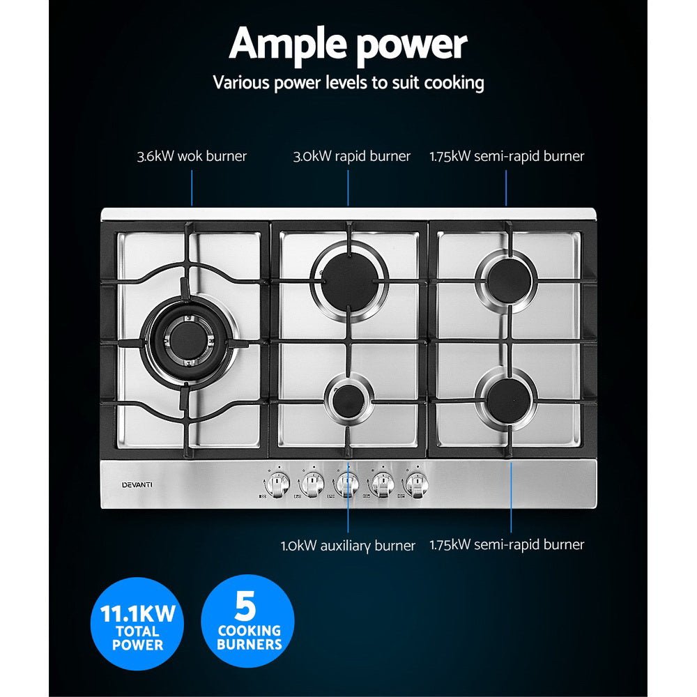 Devanti Gas Cooktop 90cm 5 Burner Silvir - Kitchen Alliance - Appliances > Kitchen Appliances > Cooktops & Stoves - Kitchen Alliance